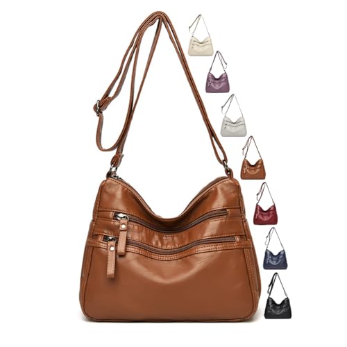 Bolsas transversais femininas - bolsas de ombro com vários bolsos de couro macio com alça de ombro ajustável, Marrom, Bolsas transversais femininas para viagens de lazer