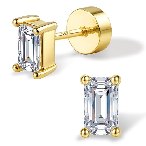 Moissanite Earrings Studs Flat Back Earrings Hypoallergenic - 14K Gold Plated Sterling Silver Earring for Women Men Small Dainty Cartilage Helix Piercing Jewelry D Color VVS1