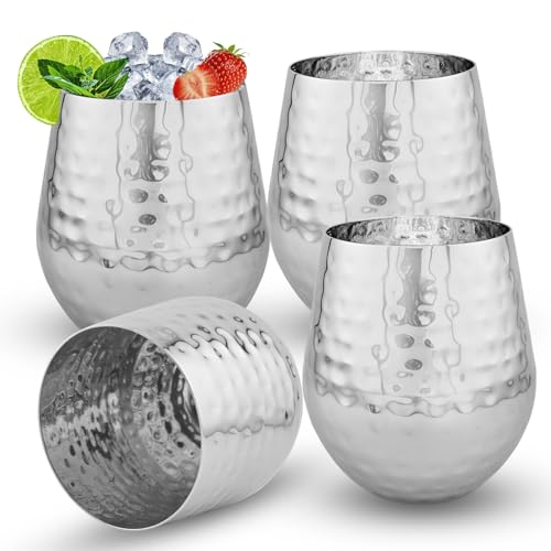 American Ayurveda Durable Heavy-Gauge 16.9oz (500ml) Stainless Steel Metal Mugs Cups Tumbler Drinking Glasses – Premium Grade, Single Wall, Food Grade, Set of 4 (Hammered High Polish)