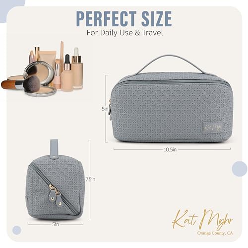 Kat Myhr Large Capacity Travel Cosmetic Bag with handle and divider - Waterproof Makeup Bag Organizer - Cosmetic Make Up Bag for Women - Cute Makeup Bag for Women (Steel Blue)3