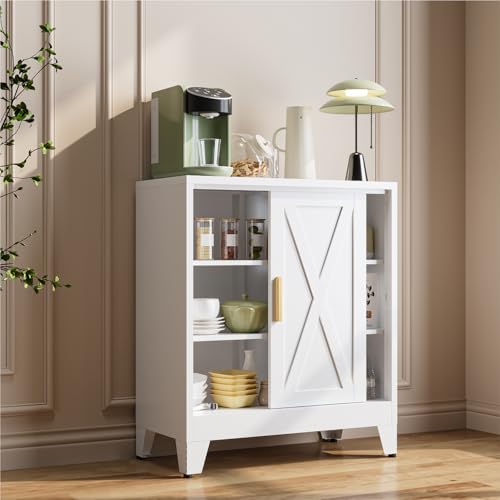 Image of 37 inch H Coffee Bar Storage Cabinet with Sliding Door and Adjustable Shelves,31.5 inch Wide by 15.8 inch Deep Small Metal Cabinet,Buffet Sideboard for Living Room Kitchen,White