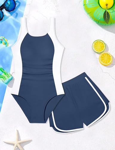 Image of Girls Swimsuit One Piece Swimsuits Color Block Bathing Suit for Girls Adjustable Strap Padded Swimwear with Shorts