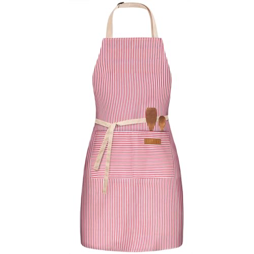 BeLuyi Adjustable Bib Apron with 2 Pockets Chef Cooking Kitchen Restaurant Aprons for Women Men (Red Pinstripe)