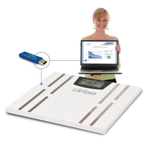 Lifespan DS1000i Digital Scale connected via USB stick to a laptop displaying fitness tracking software
