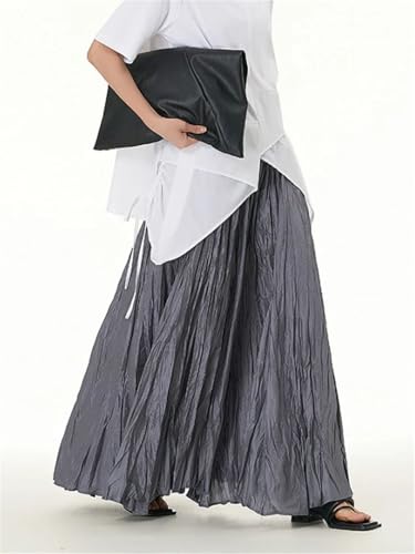 Women's Maxi Skirt Vintage Pleated Elastic Waist Solid A-Line Large Hem Party Long Skirts3