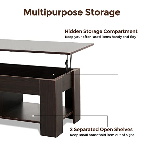 Lift Top Coffee Table with Storage, 2 Open Shelves and Hidden Compartment Lifting Center Table, Modern Wood Coffee Tables for Living Room Reception Room Office - Thumbnail 5