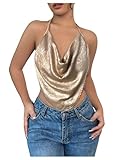 RoseSeek Women's Draped Neck Halter Top Sleeveless Slim Fit Crop Camisole Tops Party Clothes Gold Large