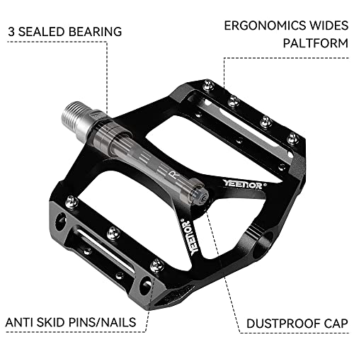 Yeenor Road/Mountain Bike Pedals Mtb Pedals Bicycle Flat Pedals Aluminum 9/16" Sealed Bearing Lightweight Platform For Road Mountain Bmx Mtb Bike (Black) #TOP2