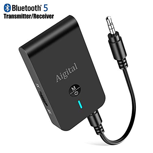 Aigital Adaptateur Bluetooth 5.0, Transmetteur Bluetooth Émetteur et Audio sans Fil Récepteur 2-en-1 Sortie Stéréo 3.5mm Faible Latence, aptX, pour TV/Casque/PC/Portable/Système Stéréo de Voiture
