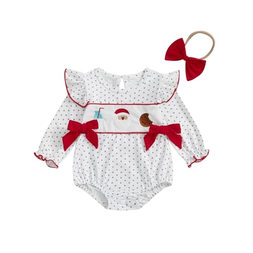 Newborn Baby Girl Christmas Outfit Santa Dot Smocked Bubble Romper Ruffle Long Sleeve Bow Bodysuit Jumpsuit Clothes