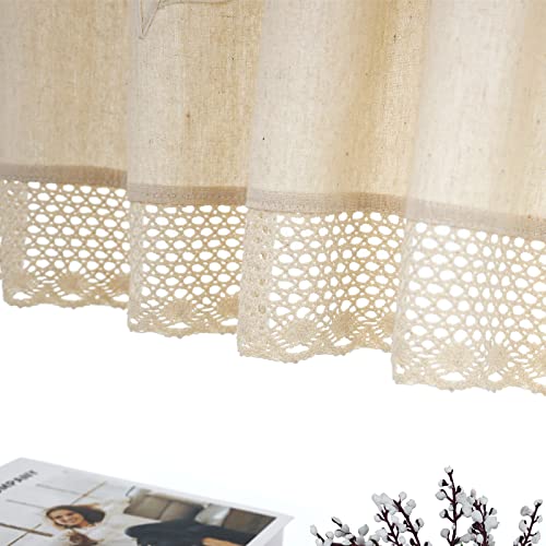 Zhh Flower Window Valance Retro Cotton Linen Kitchen Short Curtain Handmade Crochet Hollow Lace Cafe Curtain W 57 Inch X H 17 Inch (Beige, 1 Panel) #TOP3