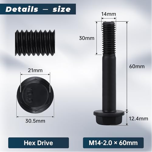 Image of M14-2.0 x 60mm Flange Bolt, Hex Head Flanged Bolt 10.9 Grade High Strength- Black Oxide Finish, Partial Thread, Metric- Heavy Duty for Automotive, Machinery & Construction (4 Pcs) 4 pcs