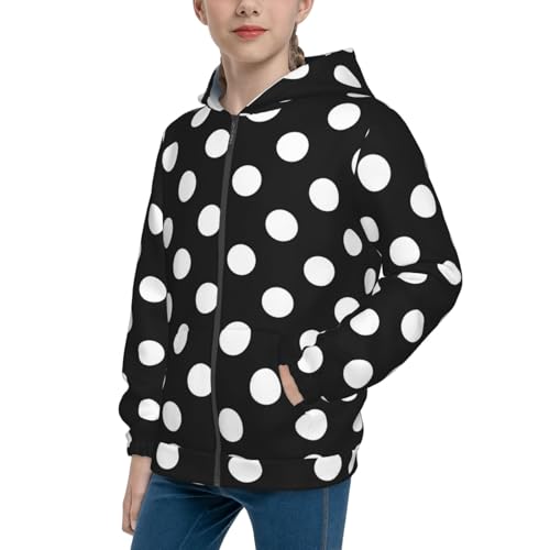 Black and White Polka Dot Kid Hoodies Boys Zip Up Sweatshirts Girls Pullover with Pocket