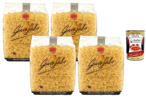 Italian Gourmet Farfalline Pasta 4 x 500 g – Pasta pequeña de lazo de sémola de trigo duro, ideal para ensaladas y salsas, pack de almacenamiento familiar + Polpa italiana gourmet