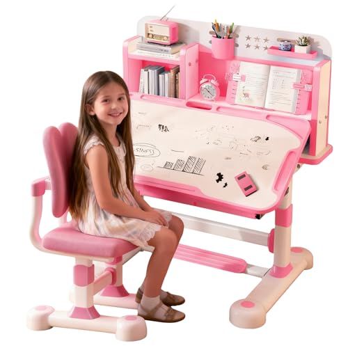 Bidbory Höhenverstellbarer Kinderschreibtisch mit Stuhl Rosa, 0–50° Neigungswinkel, ergonomisches Lernschreibpult mit Bücherablage & Schublade, Kinder Schreibtisch für Kind Mädchen von 3–18 Jahren