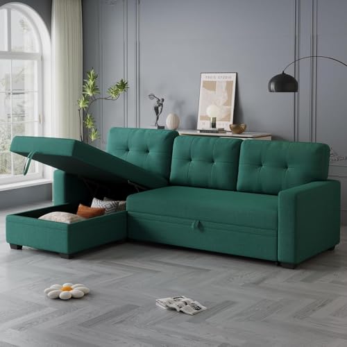 Image of Torque Lucia L Shape Sofa Cuma Bed with Storage- Green LHS | Folding Sofa Cum Bed for Living Room | L Shape 4 Seater Sofa for Guest Room Office