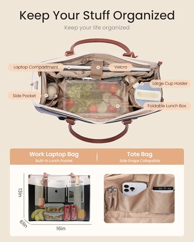 Image of LOVEVOOK Laptop Lunch Bag for Women 15.6 Inch, Waterproof Tote Purse with Cup Holder & Elegant Clutch