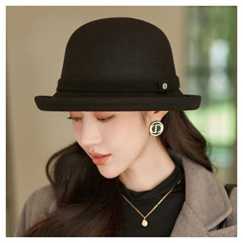 SYMX Reine Farbe Wolle Tweed Fischerhut, Frauen Herbst und Winter hundert nehmen kleine Traufe gerollt Krempe Bowler Hut perfekt für tägliches Tragen und andere Anlässen 57cm,Schwarz Cover