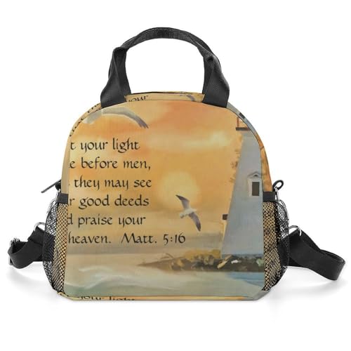 HYDJLXA Lighthouse Seagulls Christian Bible Verse All Print Insulated Lunch Bag with Waterproof And Oil Resistant Thick Aluminum Foil for Both Men And Women