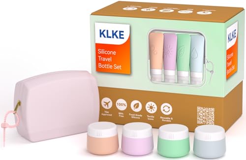 KLKE 23-Piece All-in-One Silicone Travel Bottles Set – TSA Approved Leakproof Toiletry Kit with Double Bags, Flat Easy-Squeeze Bottles with Tactile Icons, Cream Jars, Pump & Spray, Cleaning Brush