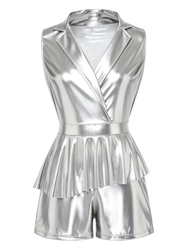 Mono de fiesta plateado para mujer traje de un solo cuerpo con cuello blazer V profundo talla M