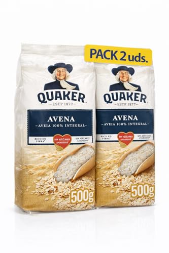 Pack 2x Copos de Avena Integrales Hojuelas Quaker 500 g | 2 Paquetes de 500 g (Total 1 kg) | Avena Integral en Copos | Ideal para Desayunos y Recetas