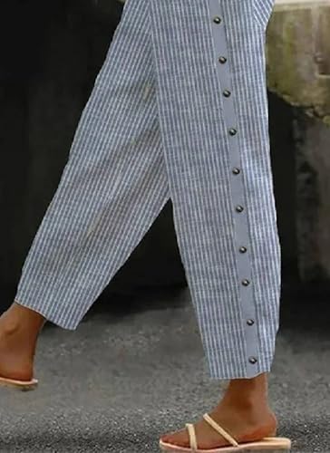 Women's Chic Blue Stripes Print Casual Pants Wide-Leg with Side Pockets Trousers Spring and Summer Loose Outfits4