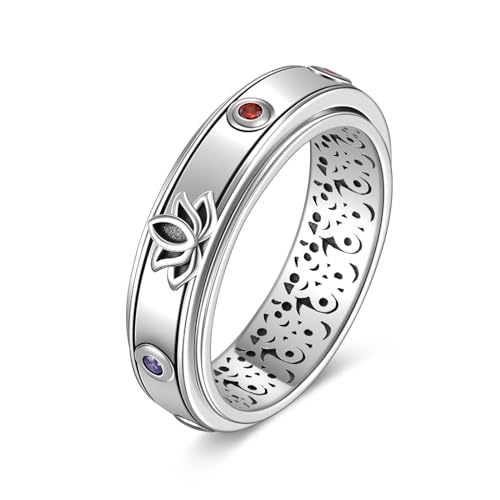 URONE Lotus Chakra Fidget Ring 925 Sterling Silver Lotus Flower Spinner Ring for Women Anxiety Rings Lotus Chakras Spinning Ring Fidget Jewelry Gifts for Women Size 7