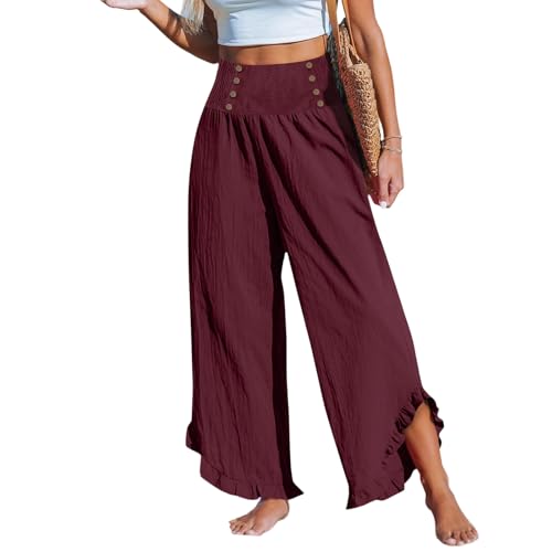 Pantalon palazzo en lin mélangé et ourlet à volants avec taille haute smockée