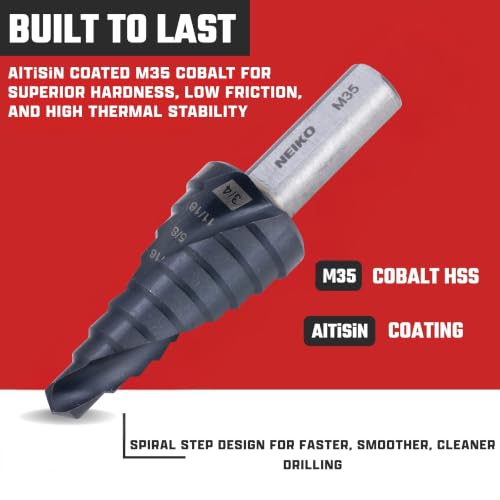 Image of NEIKO 10606B Step Drill Bit, 9 Steps 1 /4 inch to 3 /4 inch Spiral M35 Cobalt, AlTiSiN Coated, 3 /8 inch Tri-Flat Step Bits for Steel, Metal, Wood, Plastic, Unibit Cone Drill Bits, Two Flute