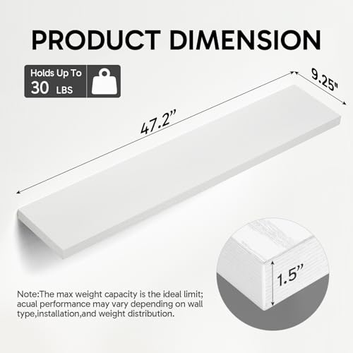 Image of BAYKA Floating Shelves, 47.2 inches Long Heavy Duty Wall Mounted Rustic Wood Shelves for Bathroom, Bedroom, Living Room, Kitchen, Office, Hanging Shelf for Books /Storage /Decor(White,Set of 2)