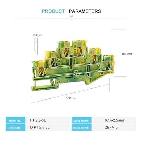 Bloque de terminales PT-2.5-3L-PE para riel DIN y conector a presión, 10 uds 4