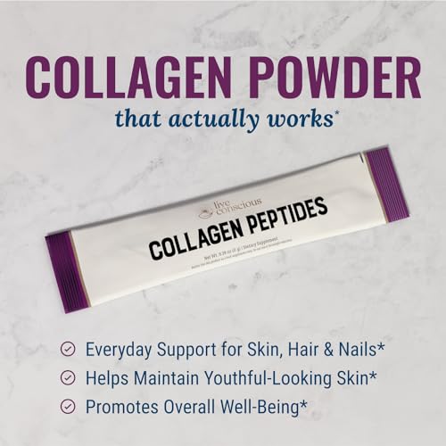 Image of Live Conscious Collagen Peptides Powder Unflavored Packets - Hydrolyzed Collagen Powder - Hair, Skin, Nail, & Joint Support - Type I & III Grass-Fed Collagen Supplements for Women and Men - Pack of 20