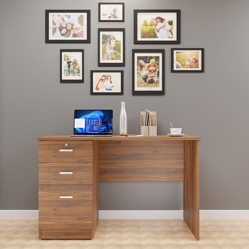Image of VIKI Engineered Wood Computer Table, Study Table, Desks with 3 Drawers for Adults /Students, Office Home | NOKLAK | Brussel Walnut, 120W x 75H x 60D | 1 Year Warranty