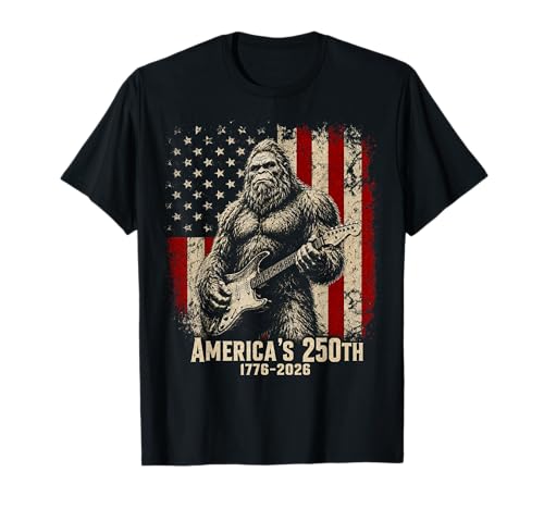 Bigfoot Sasquatch Playing Guitar 250 Years American USA Flag T-Shirt