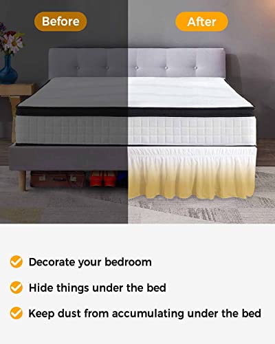 Yellow Ombre Bed Skirt Queen Size 16 Inch Drop, Adjustable Elastic Bedskirt Dust Ruffle For Queen Bed, White Gradient Color Modern Abstract Art Wrap Around Bed Skirts Luxurious Pleated Bed Frame Cover #TOP2