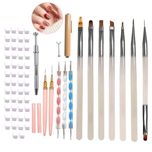 Neutechno 65Pcs Nail Art Tools Set, Professional 7Pcs Nail Art Brushes and 2Pcs Striping Liner Brush, 3Pcs Dual Tipped Dotting Pens, 4-Types Cat Eye Magnet, 50Pc Nails Sponges for Ombre & Grabbing Pen