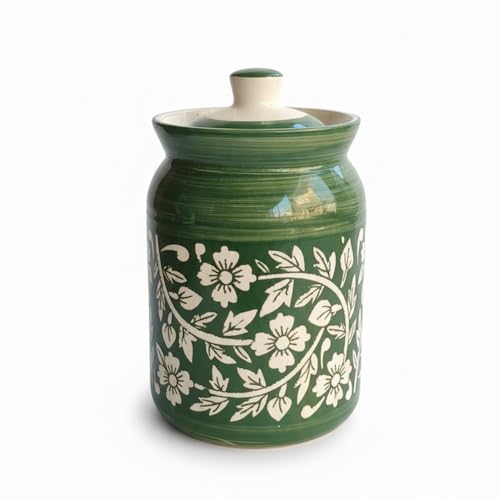 Image of Green Floral Ceramic Handglazed Pickle Jars Set of 1-1000 ML Each | 1 kg Achaar Martban Barni Jar with Lid | Ceramic Storage Jar Container Pickle, Chatney