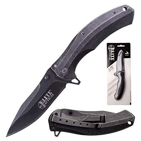 Elite Tactical - Folding Pocket Knife - Stonewashed Finish Blade with Stainless Steel Handle and Pocket Clip - Frame Lock Flipper Tactical Military Combat Knife - ET-1012 Cover