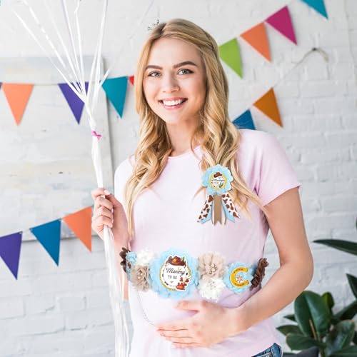 Image of Western Baby Shower Decorations - 3 Pcs A Cowboy Little is on The Way Mom and Dad to Be Sash Badge Pins Sets for Boys Blue Gender Reveal Party Supplies Brown Maternity Corsage Belt Decors