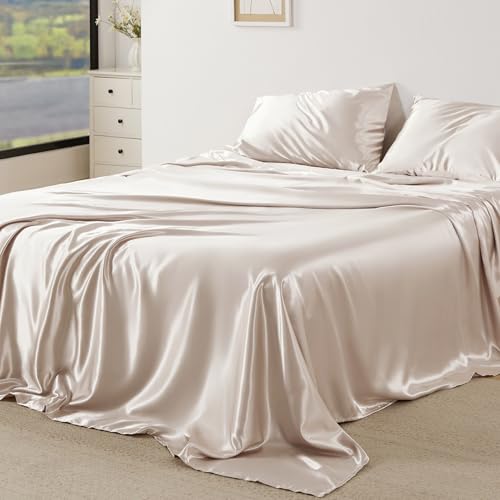 Bedsure Satin Sheets Queen Size Bed Set - Luxury Silky