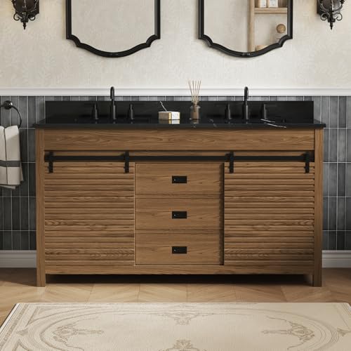 DELUXE LIVING 60 Inch Bathroom Vanity with Double Sink, Farmhouse Bathroom Sink Cabinet with Adjustable Feets, Double Vanity Sink for Bathroom with Soft-Closing Drawers, Sliding Barn Doors, Walnut