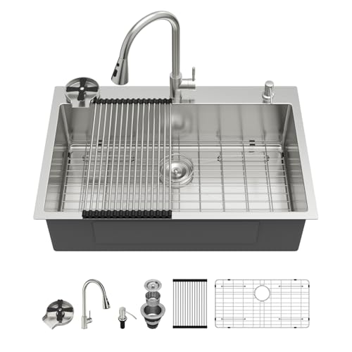 Image of Kichae 30 Drop In Kitchen Sink with Faucet Combo - Stainless Steel Sinks 30 x 22 Inch Topmount Overmount Single Bowl Handmade Basin with Accessories