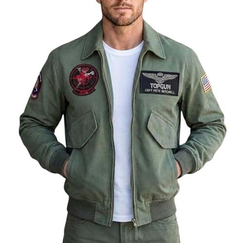 SBL SOUTH BEACH LEATHER Top Green Gun Cotton Jacket - Cruise Maverick Tom Flight Pilot Bomber Aviator Outfit - Halloween Cosplay Costume Mens (US Alpha Medium Regular Regular Green)
