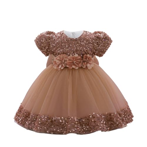 Cichic Baby Party Dress Summer Puffy Sequin Tulle Kids Birthday Pageant Prom Girls Christening Dress Brown 3-4 Years