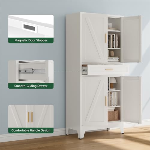 Image of Bevivog Tall Pantry Cabinet with Drawers, 71 inch Metal Storage Cabinets with Doors and Shelves, 4 Doors Freestanding Cupboard for Kitchen /Office /Dining Room /Living Room /Laundry