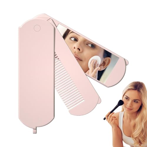 折りたたみヘアブラシコーム、ミラー付き折りたたみヘアブラシ,手持ちミラー折りたたみバニティミラーポータブルバニティミラーハンドルミラー折りたたみバニティミラー 旅行用折りたたみコーム - ジム、財布、旅行、水泳用のミラー付きポータブルもつれ解消ヘアブラシ