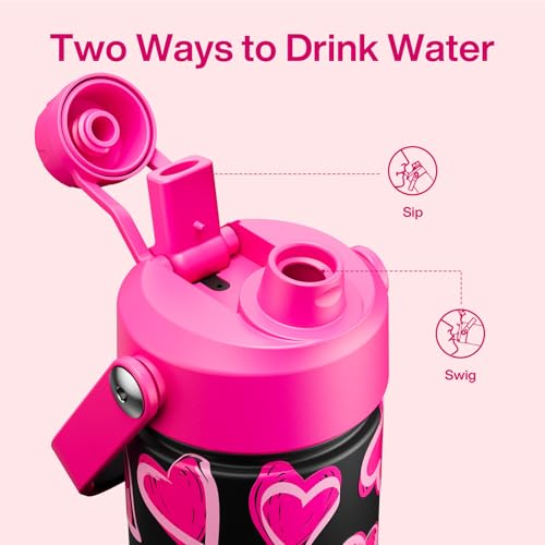 Image of ENCOOL Insulated Water Bottle with Straw Stainless Steel Water Bottle, Leak-Proof, BPA-Free, Keeps Cold for 24 Hours for Sports, Travel, School (26 oz, Sketch Hearts Pink x Black)