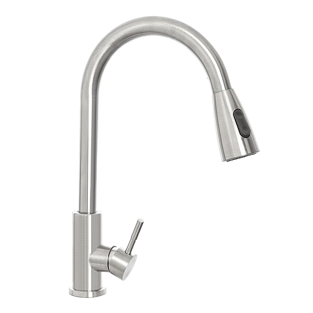 Miscelatore cucina spazzolato in acciaio inox, canna alta orientabile e doccetta estraibile con 2 tipi di getto