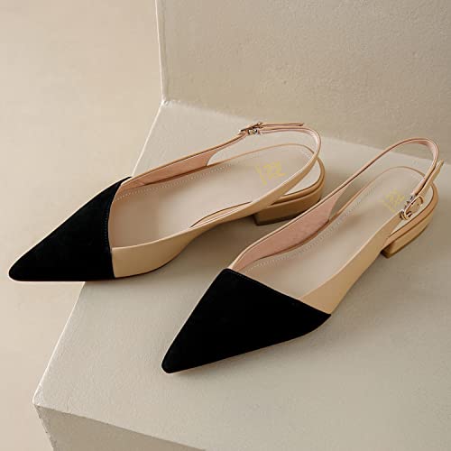 LEHOOR Women Slingback Flats Cap Toe Two Tone Pointed Closed Toe Flat Heel Sandals Pumps Colorblock Buckle Strap Patchwork Slip On Sandals Comfort Chic Office Ladies Summer 4-11 M US2